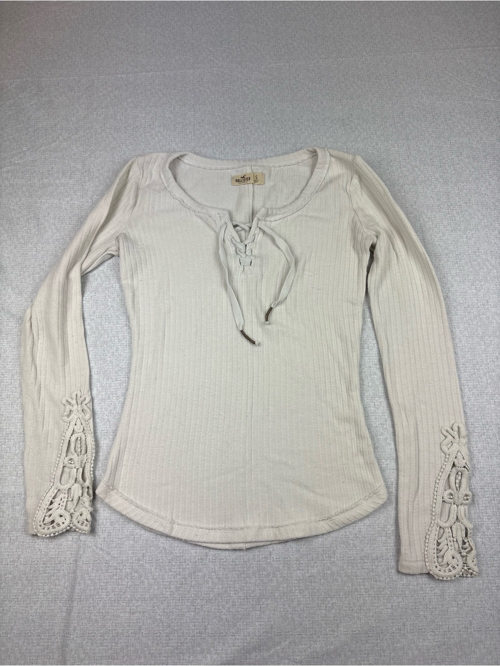 Hollister Cream Lace-Up Ribbed Long Sleeve Top